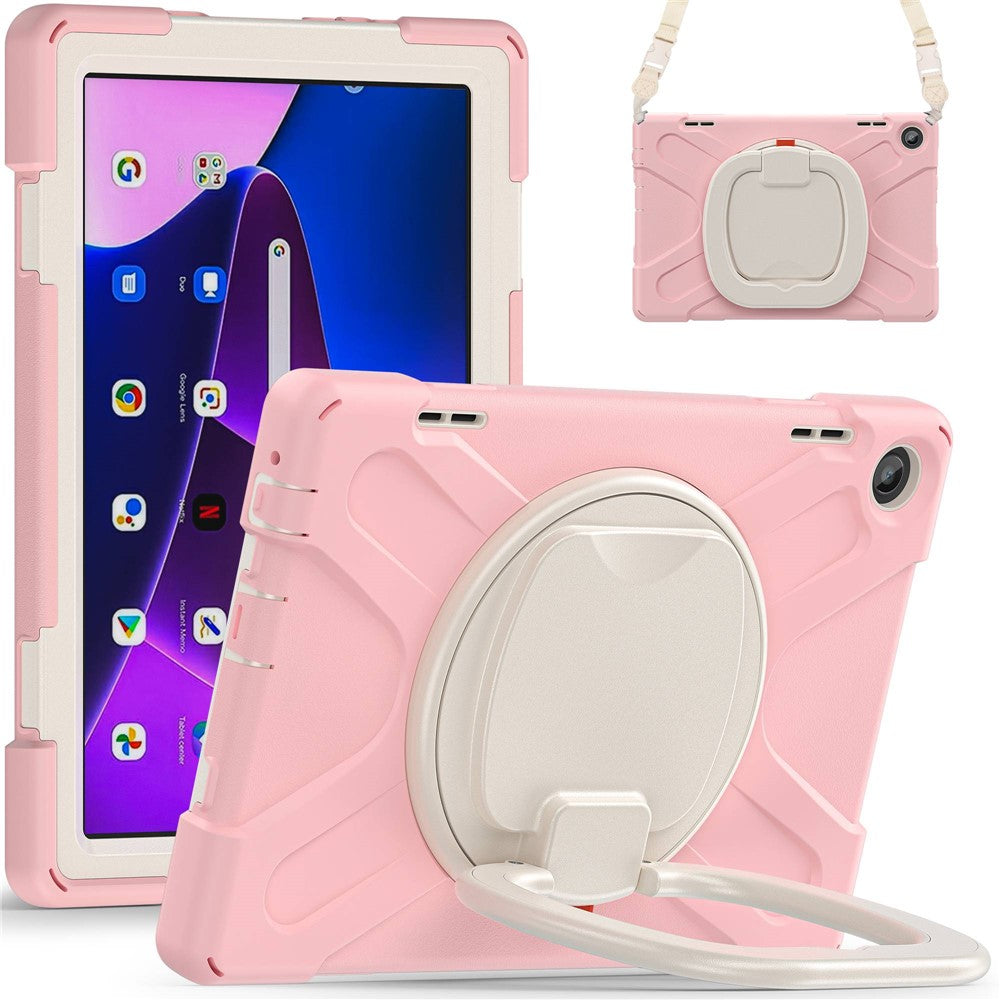 For Lenovo Tab M10 (Gen 3) TB-328FU / TB-328XU Rotary Kickstand Tablet Case PC + Silicone Anti-drop Hybrid Cover with Shoulder Strap - Pink
