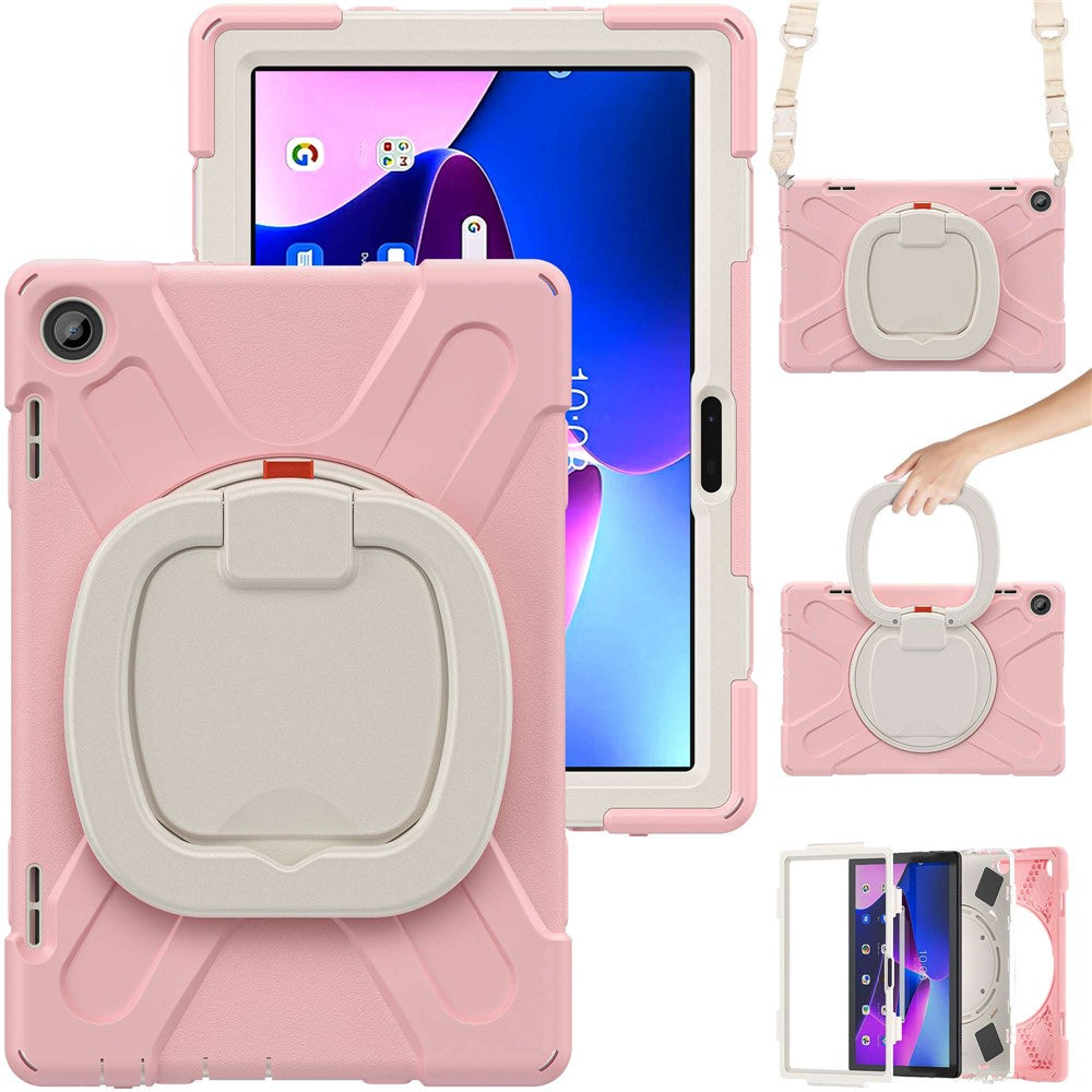 For Lenovo Tab M10 (Gen 3) TB-328FU / TB-328XU Rotary Kickstand Tablet Case PC + Silicone Anti-drop Hybrid Cover with Shoulder Strap - Pink