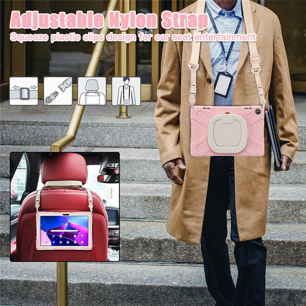 For Lenovo Tab M10 (Gen 3) TB-328FU / TB-328XU Rotary Kickstand Tablet Case PC + Silicone Anti-drop Hybrid Cover with Shoulder Strap - Pink