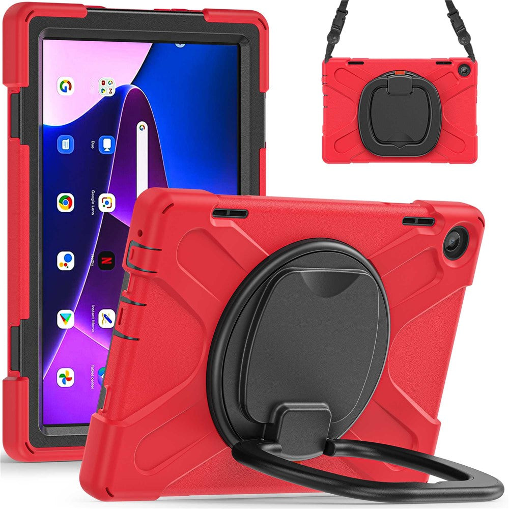 For Lenovo Tab M10 (Gen 3) TB-328FU / TB-328XU Rotary Kickstand Tablet Case PC + Silicone Anti-drop Hybrid Cover with Shoulder Strap - Red