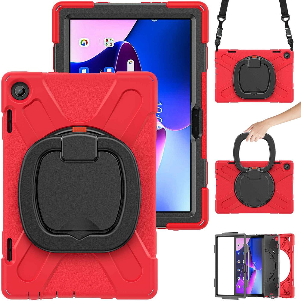 For Lenovo Tab M10 (Gen 3) TB-328FU / TB-328XU Rotary Kickstand Tablet Case PC + Silicone Anti-drop Hybrid Cover with Shoulder Strap - Red