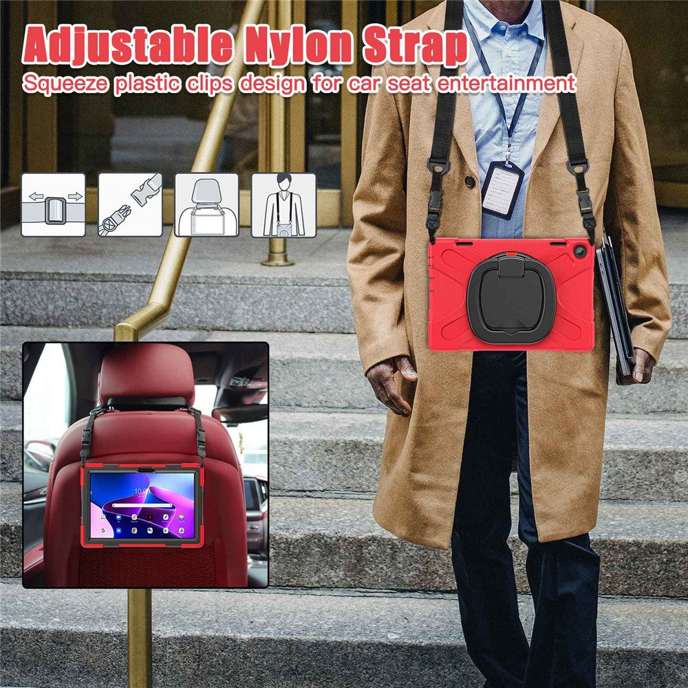 For Lenovo Tab M10 (Gen 3) TB-328FU / TB-328XU Rotary Kickstand Tablet Case PC + Silicone Anti-drop Hybrid Cover with Shoulder Strap - Red