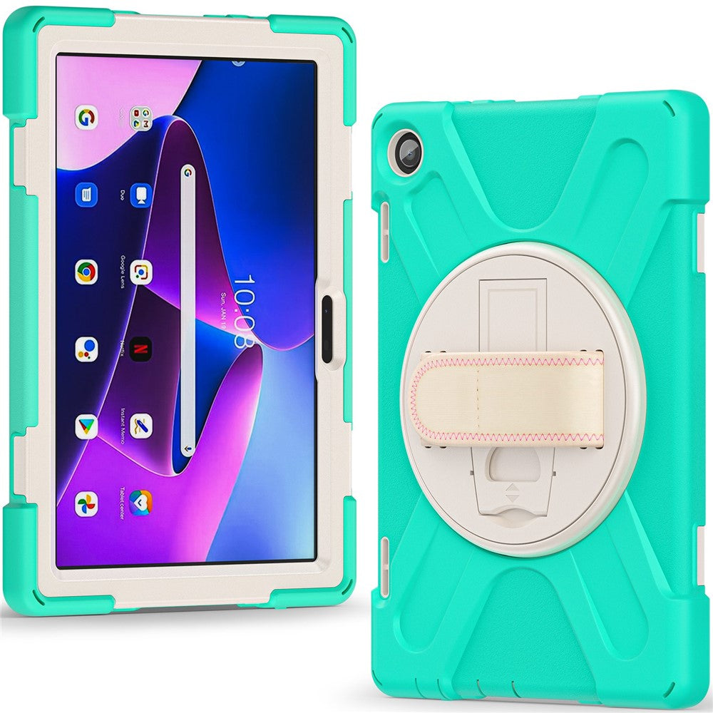 For Lenovo Tab M10 (Gen 3) TB-328FU / TB-328XU Kickstand 360 Degree Rotation Hand Strap Tablet Case PC + Silicone Protective Cover - Mint Green