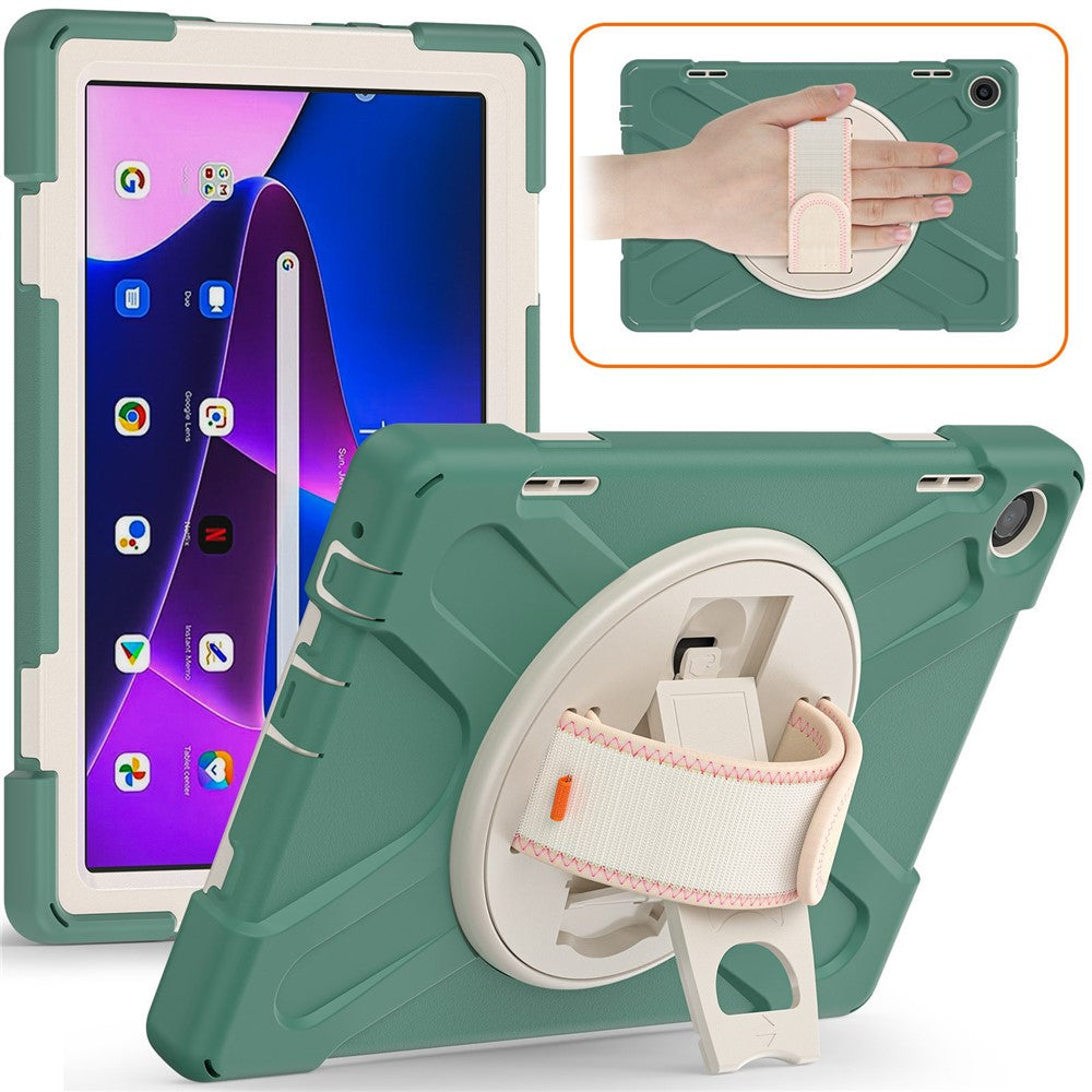 For Lenovo Tab M10 (Gen 3) TB-328FU / TB-328XU Kickstand 360 Degree Rotation Hand Strap Tablet Case PC + Silicone Protective Cover - Emerald Green