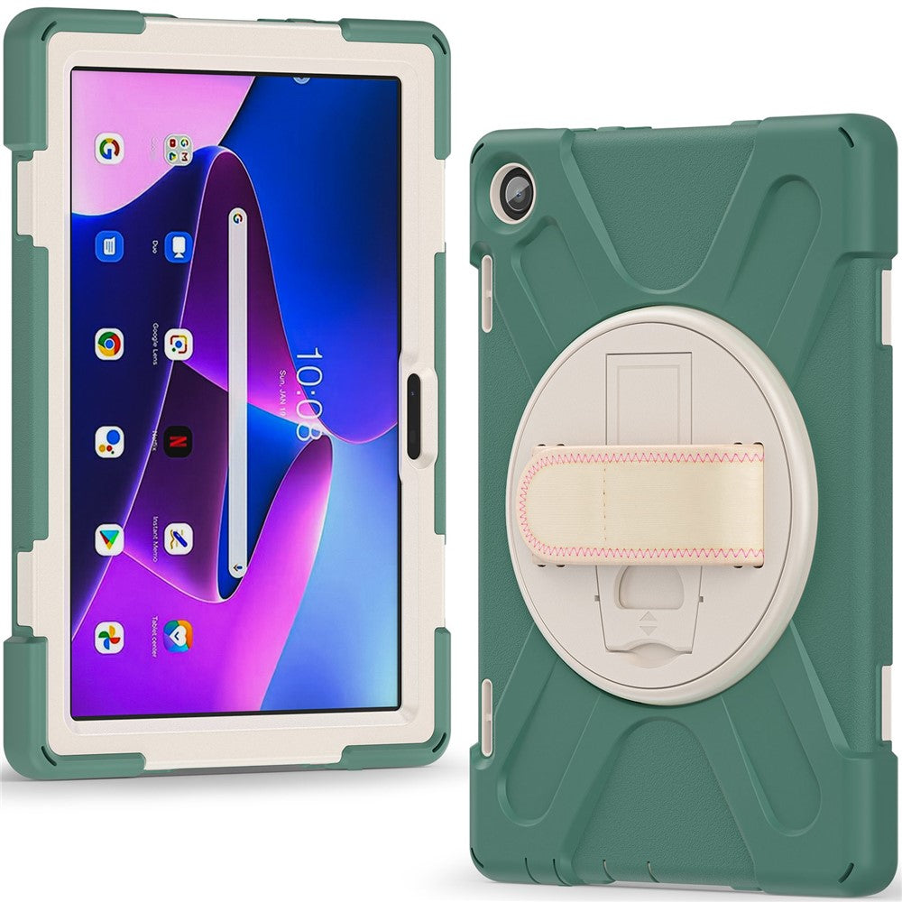 For Lenovo Tab M10 (Gen 3) TB-328FU / TB-328XU Kickstand 360 Degree Rotation Hand Strap Tablet Case PC + Silicone Protective Cover - Emerald Green