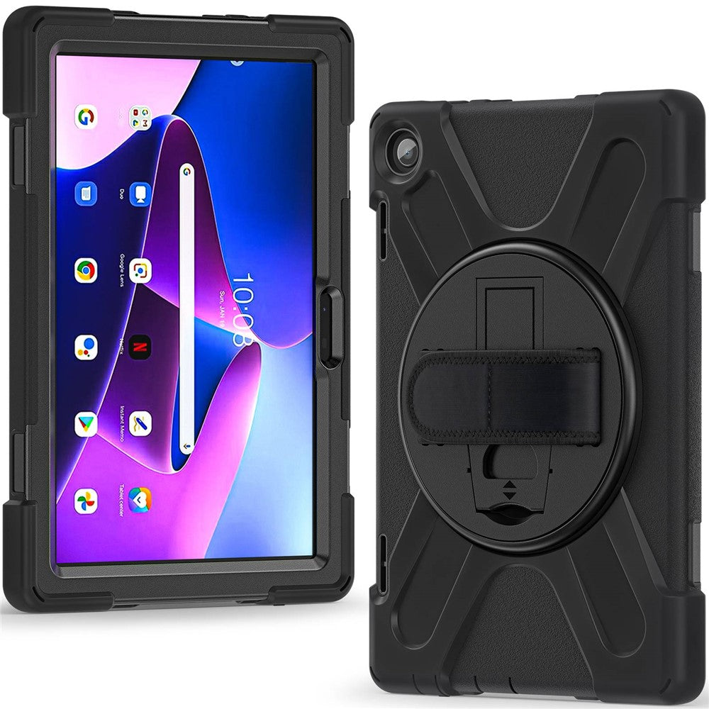 For Lenovo Tab M10 (Gen 3) TB-328FU / TB-328XU Kickstand 360 Degree Rotation Hand Strap Tablet Case PC + Silicone Protective Cover - Black