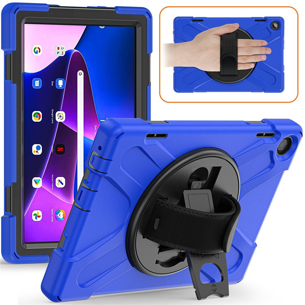 For Lenovo Tab M10 (Gen 3) TB-328FU / TB-328XU Kickstand 360 Degree Rotation Hand Strap Tablet Case PC + Silicone Protective Cover - Blue