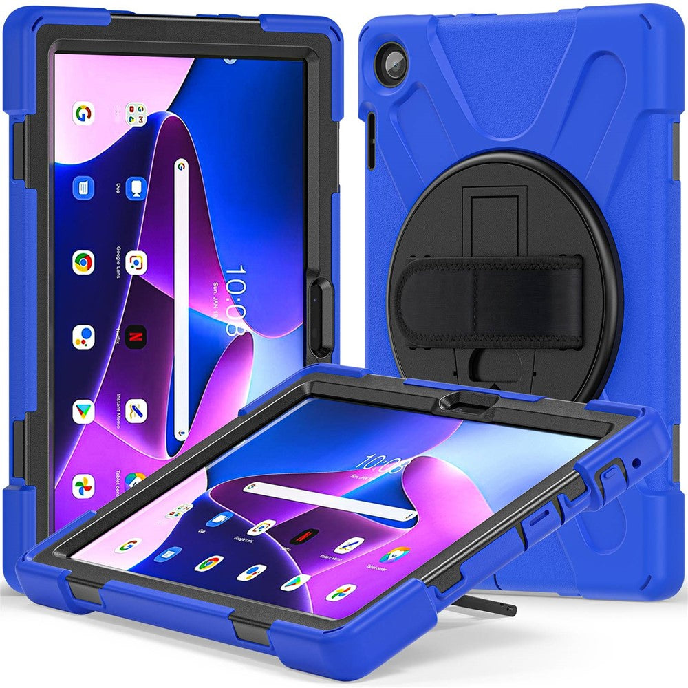 For Lenovo Tab M10 (Gen 3) TB-328FU / TB-328XU Kickstand 360 Degree Rotation Hand Strap Tablet Case PC + Silicone Protective Cover - Blue