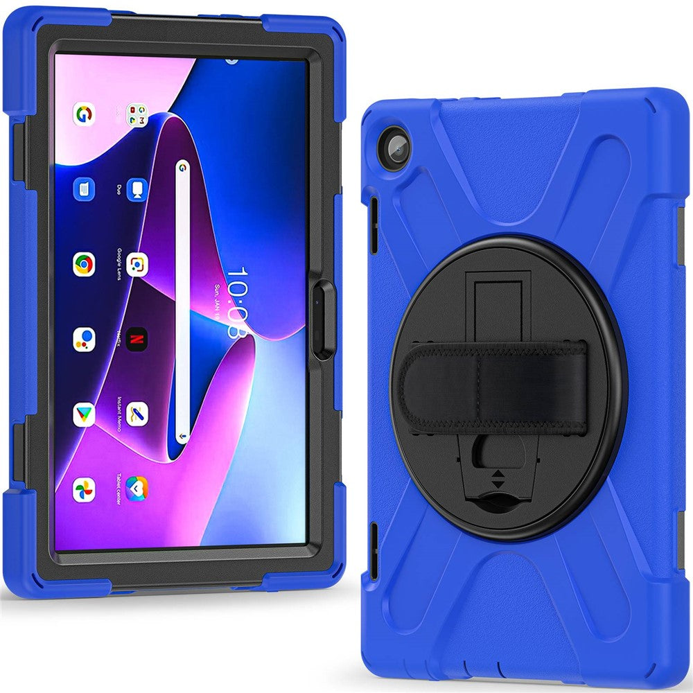 For Lenovo Tab M10 (Gen 3) TB-328FU / TB-328XU Kickstand 360 Degree Rotation Hand Strap Tablet Case PC + Silicone Protective Cover - Blue
