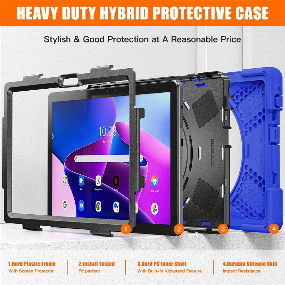 For Lenovo Tab M10 (Gen 3) TB-328FU / TB-328XU Kickstand 360 Degree Rotation Hand Strap Tablet Case PC + Silicone Protective Cover - Blue