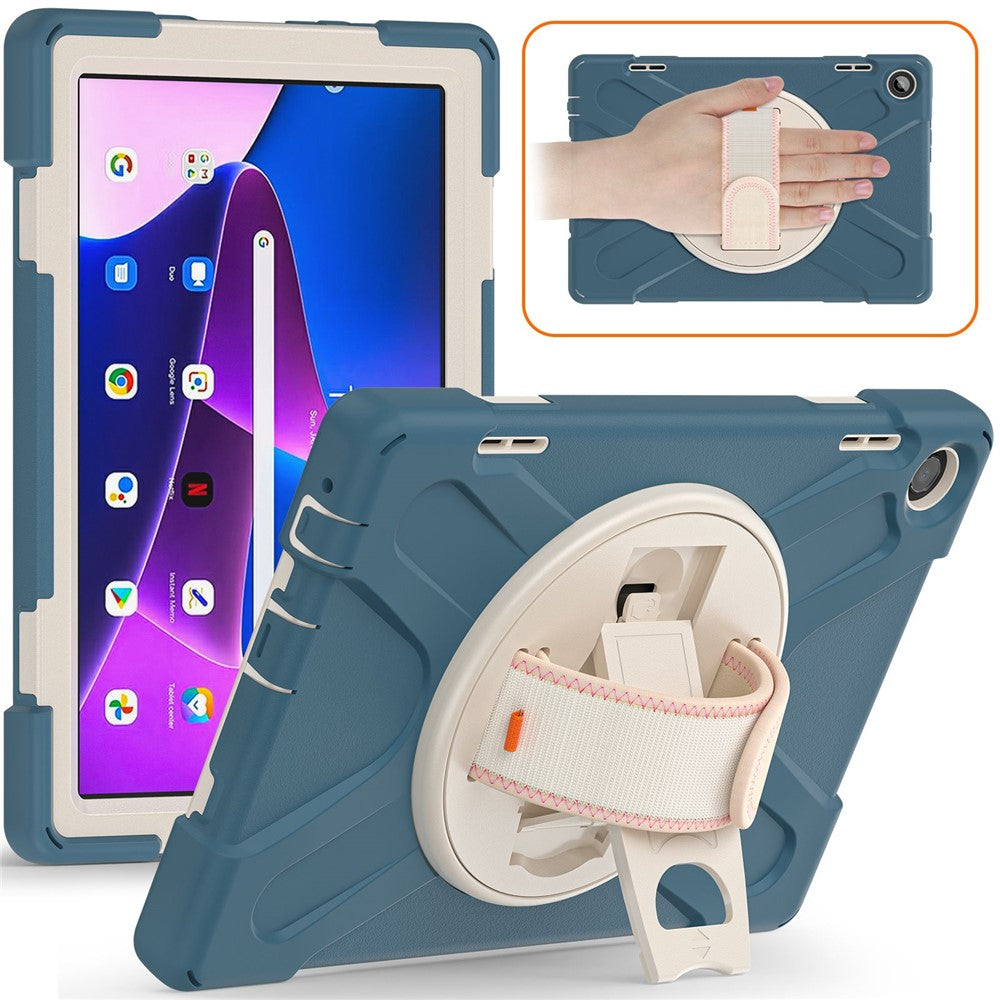 For Lenovo Tab M10 (Gen 3) TB-328FU / TB-328XU Kickstand 360 Degree Rotation Hand Strap Tablet Case PC + Silicone Protective Cover - Cornflower Blue