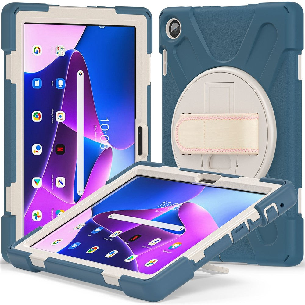 For Lenovo Tab M10 (Gen 3) TB-328FU / TB-328XU Kickstand 360 Degree Rotation Hand Strap Tablet Case PC + Silicone Protective Cover - Cornflower Blue