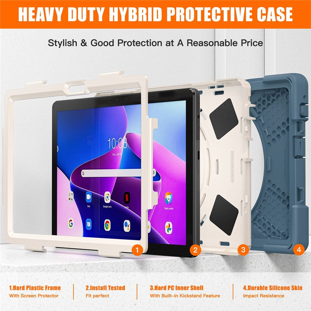 For Lenovo Tab M10 (Gen 3) TB-328FU / TB-328XU Kickstand 360 Degree Rotation Hand Strap Tablet Case PC + Silicone Protective Cover - Cornflower Blue