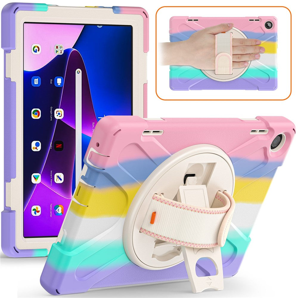 For Lenovo Tab M10 (Gen 3) TB-328FU / TB-328XU Kickstand 360 Degree Rotation Hand Strap Tablet Case PC + Silicone Protective Cover - Colorful Pink