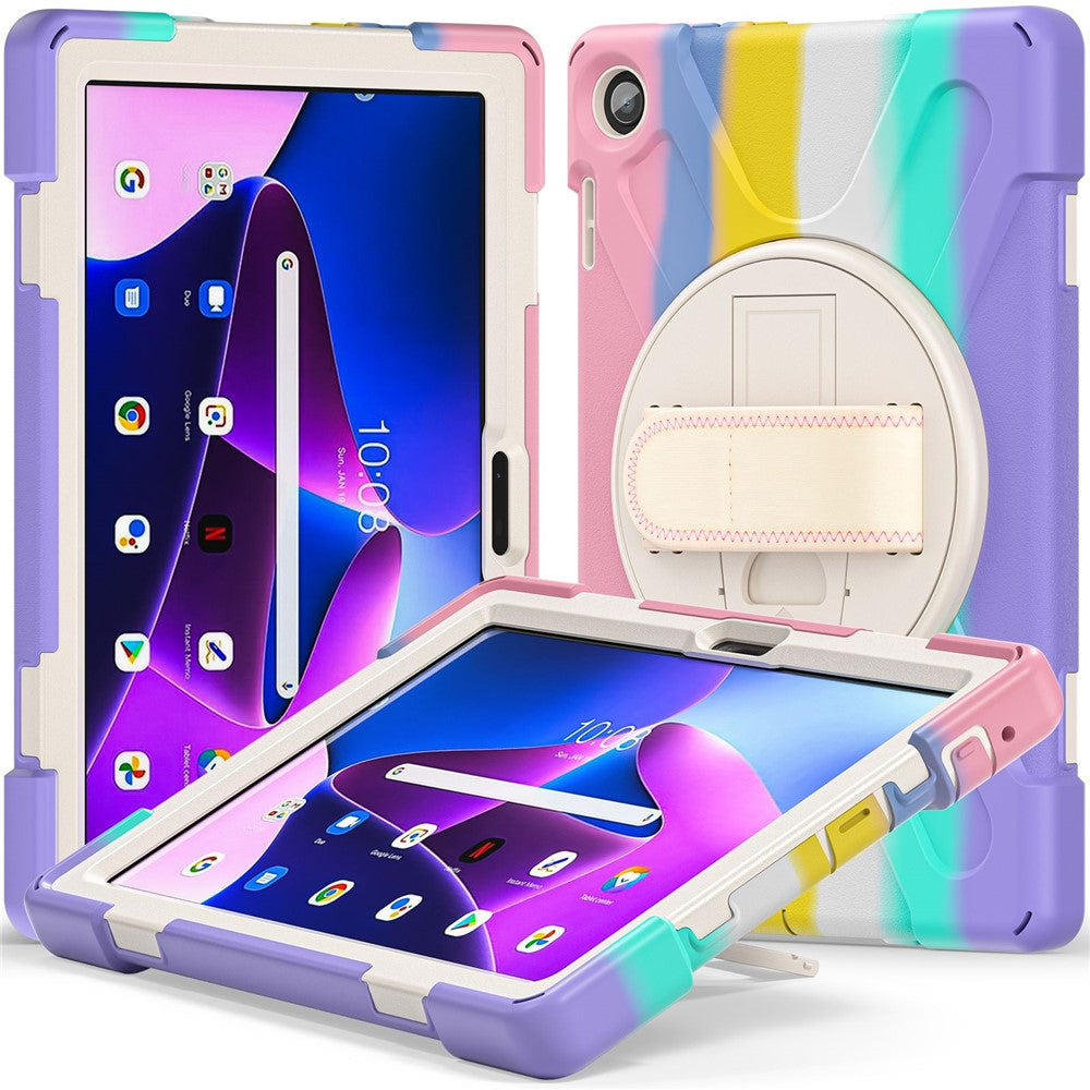 For Lenovo Tab M10 (Gen 3) TB-328FU / TB-328XU Kickstand 360 Degree Rotation Hand Strap Tablet Case PC + Silicone Protective Cover - Colorful Pink