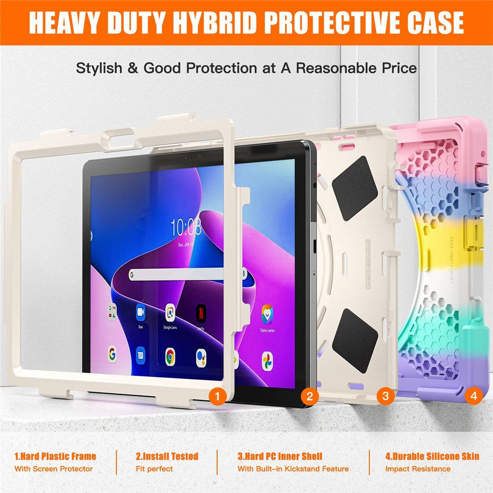 For Lenovo Tab M10 (Gen 3) TB-328FU / TB-328XU Kickstand 360 Degree Rotation Hand Strap Tablet Case PC + Silicone Protective Cover - Colorful Pink