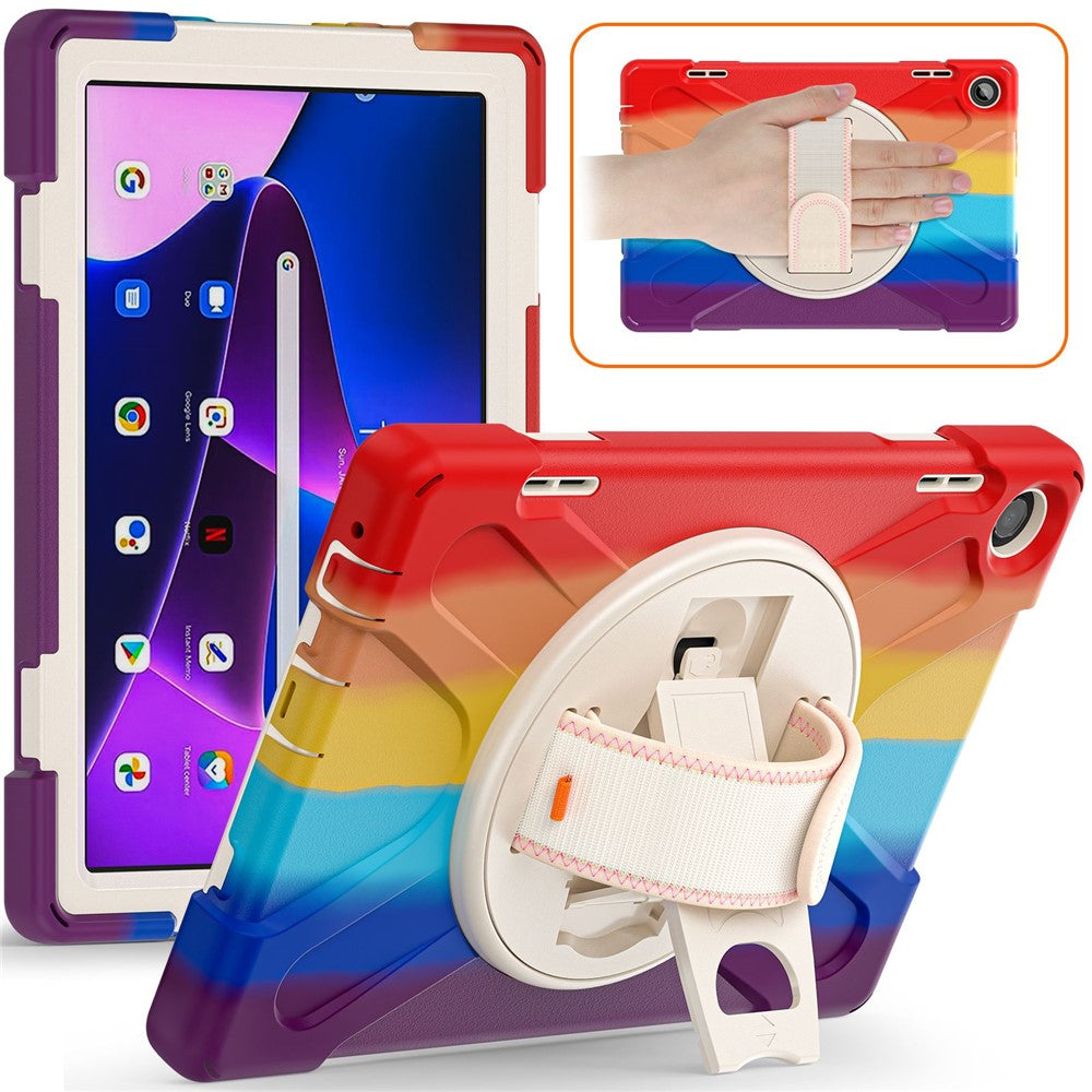 For Lenovo Tab M10 (Gen 3) TB-328FU / TB-328XU Kickstand 360 Degree Rotation Hand Strap Tablet Case PC + Silicone Protective Cover - Colorful Red