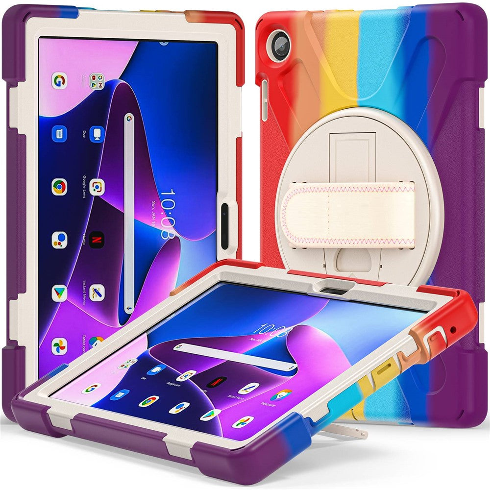 For Lenovo Tab M10 (Gen 3) TB-328FU / TB-328XU Kickstand 360 Degree Rotation Hand Strap Tablet Case PC + Silicone Protective Cover - Colorful Red