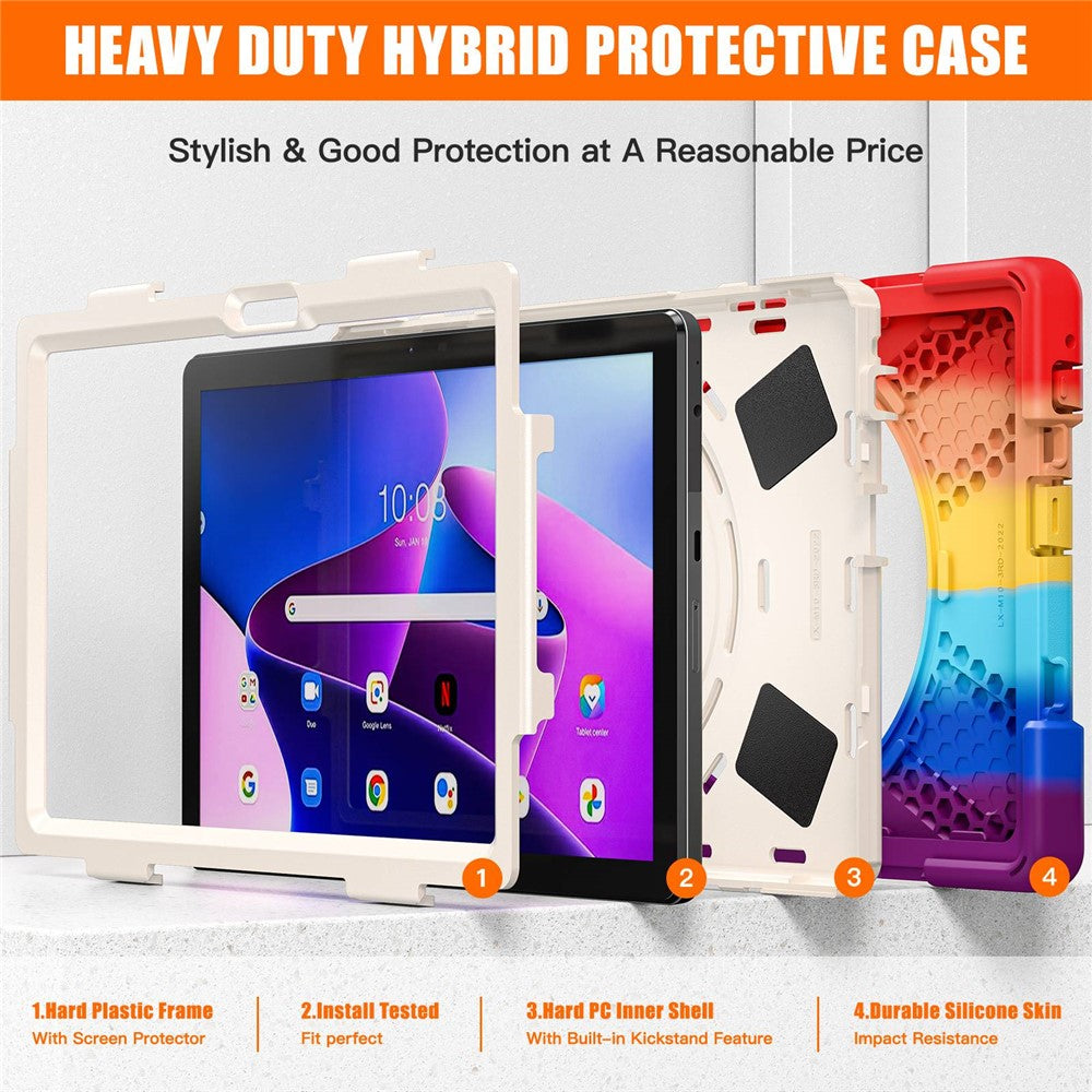 For Lenovo Tab M10 (Gen 3) TB-328FU / TB-328XU Kickstand 360 Degree Rotation Hand Strap Tablet Case PC + Silicone Protective Cover - Colorful Red