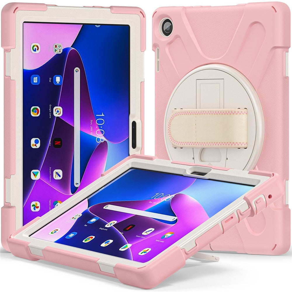 For Lenovo Tab M10 (Gen 3) TB-328FU / TB-328XU Kickstand 360 Degree Rotation Hand Strap Tablet Case PC + Silicone Protective Cover - Cherry Blossom Pink