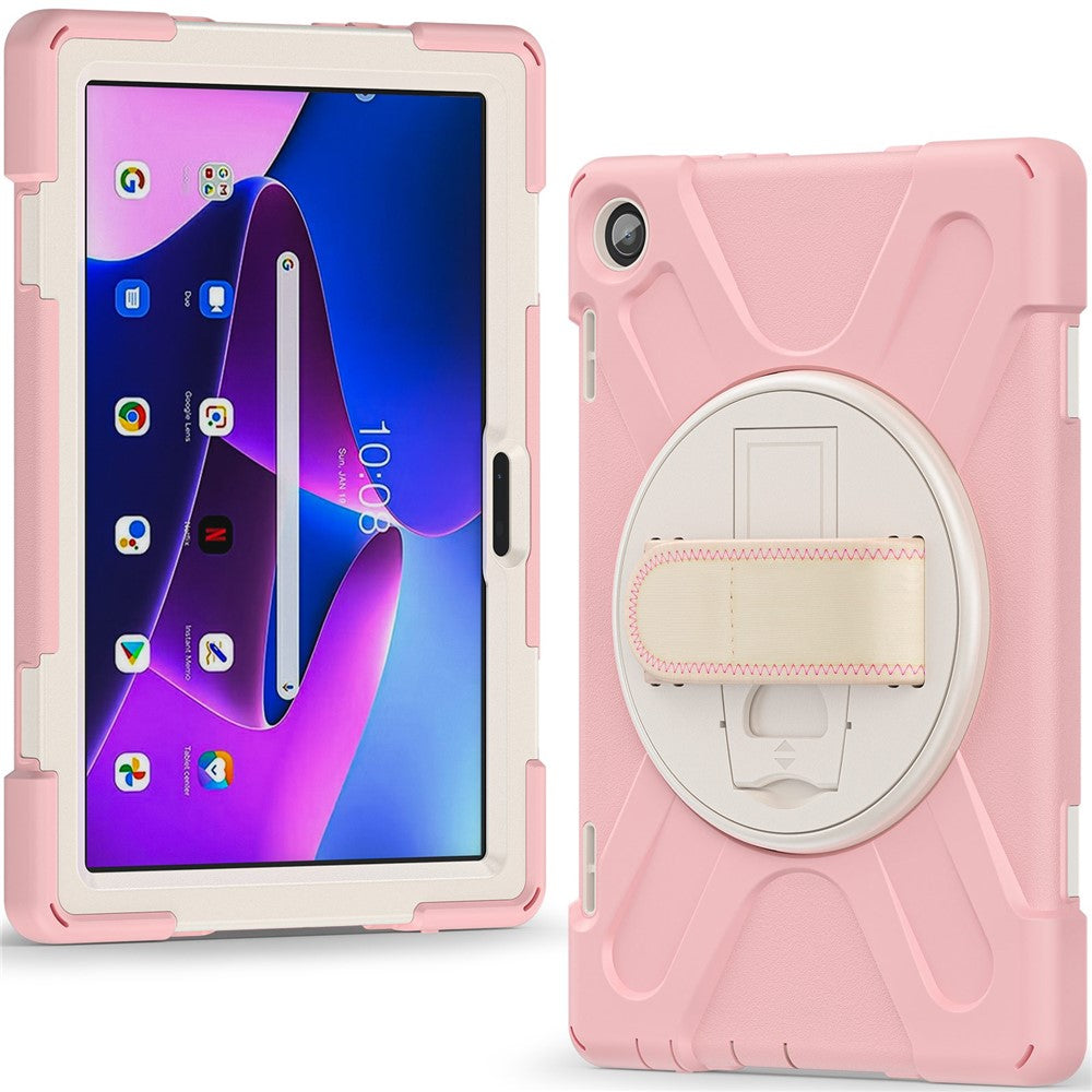 For Lenovo Tab M10 (Gen 3) TB-328FU / TB-328XU Kickstand 360 Degree Rotation Hand Strap Tablet Case PC + Silicone Protective Cover - Cherry Blossom Pink