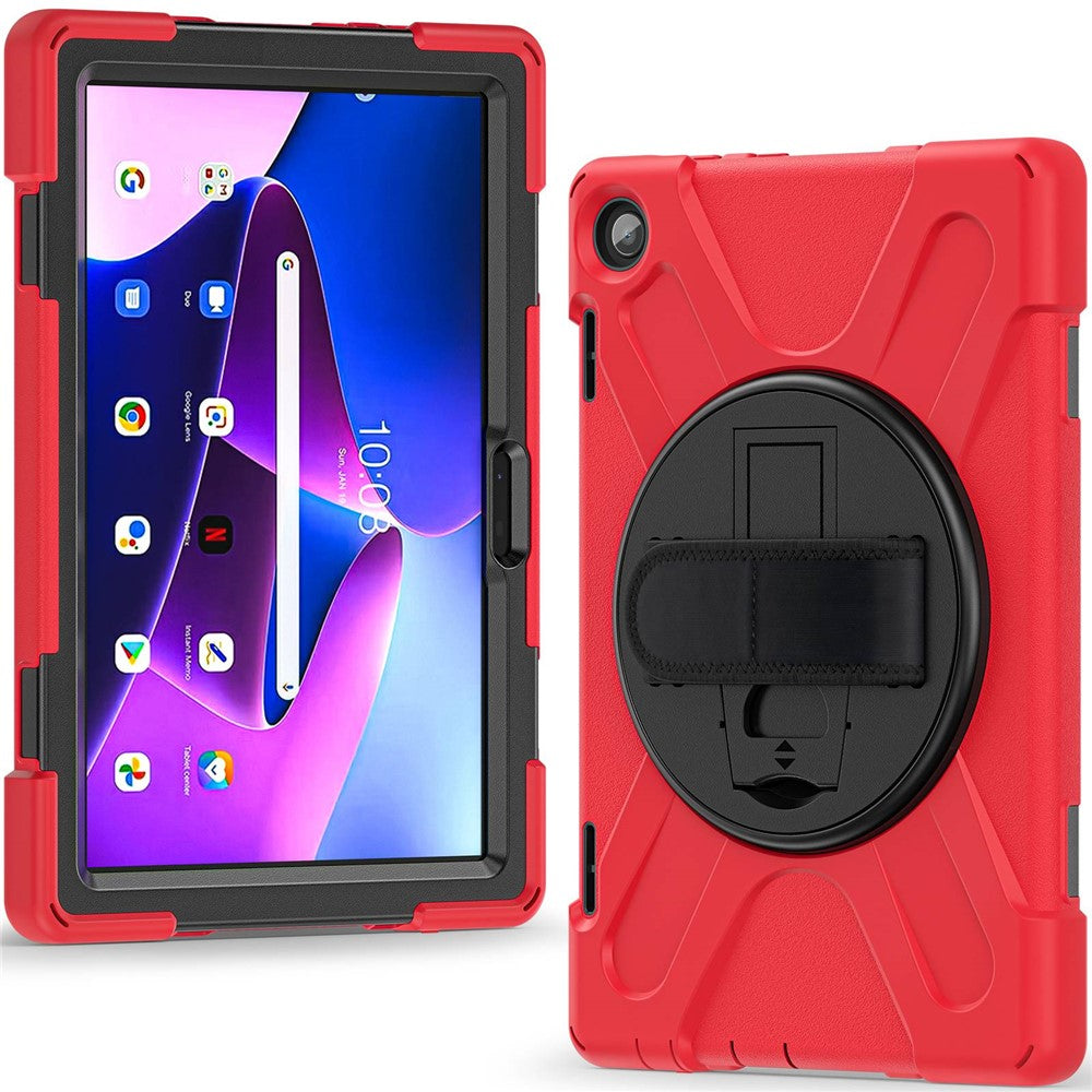 For Lenovo Tab M10 (Gen 3) TB-328FU / TB-328XU Kickstand 360 Degree Rotation Hand Strap Tablet Case PC + Silicone Protective Cover - Red