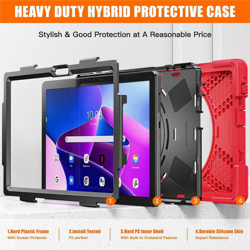 For Lenovo Tab M10 (Gen 3) TB-328FU / TB-328XU Kickstand 360 Degree Rotation Hand Strap Tablet Case PC + Silicone Protective Cover - Red