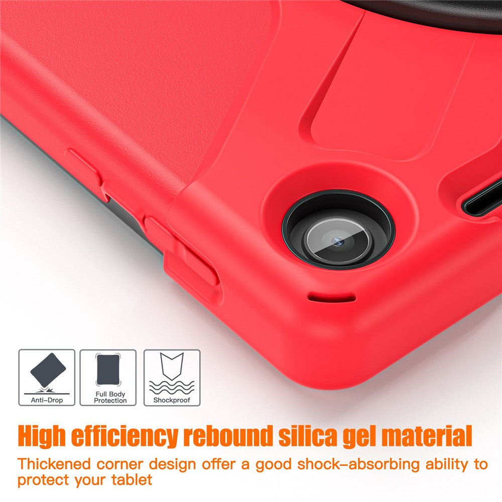 For Lenovo Tab M10 (Gen 3) TB-328FU / TB-328XU Kickstand 360 Degree Rotation Hand Strap Tablet Case PC + Silicone Protective Cover - Red