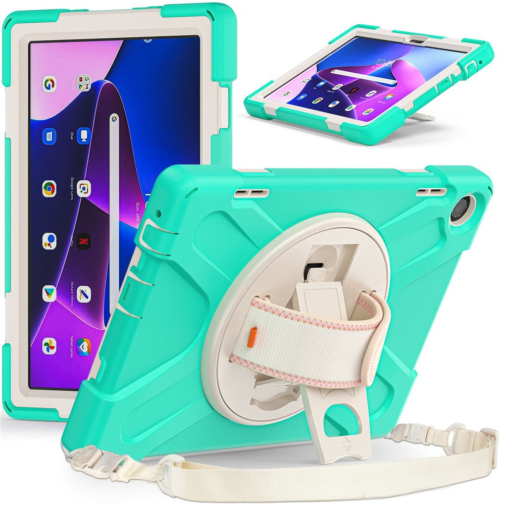 For Lenovo Tab M10 (Gen 3) TB-328FU / TB-328XU Rotary Hand Strap Kickstand Tablet Case PC + Silicone Shockproof Cover with Shoulder Strap - Mint Green