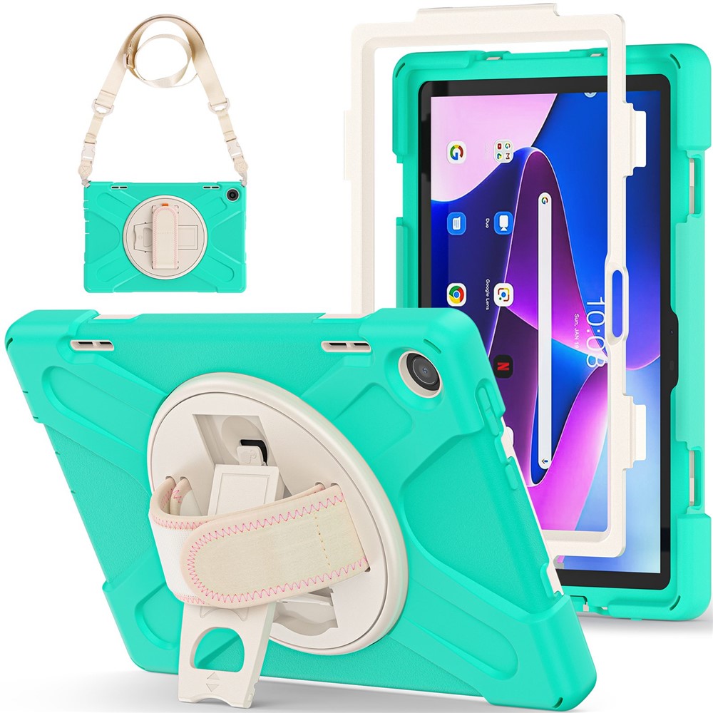 For Lenovo Tab M10 (Gen 3) TB-328FU / TB-328XU Rotary Hand Strap Kickstand Tablet Case PC + Silicone Shockproof Cover with Shoulder Strap - Mint Green