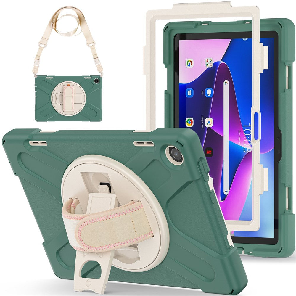 For Lenovo Tab M10 (Gen 3) TB-328FU / TB-328XU Rotary Hand Strap Kickstand Tablet Case PC + Silicone Shockproof Cover with Shoulder Strap - Emerald Green