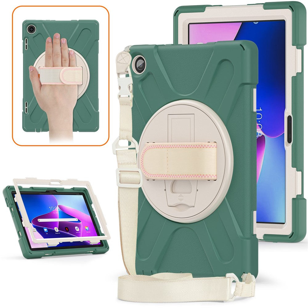 For Lenovo Tab M10 (Gen 3) TB-328FU / TB-328XU Rotary Hand Strap Kickstand Tablet Case PC + Silicone Shockproof Cover with Shoulder Strap - Emerald Green