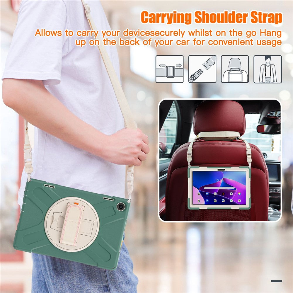 For Lenovo Tab M10 (Gen 3) TB-328FU / TB-328XU Rotary Hand Strap Kickstand Tablet Case PC + Silicone Shockproof Cover with Shoulder Strap - Emerald Green