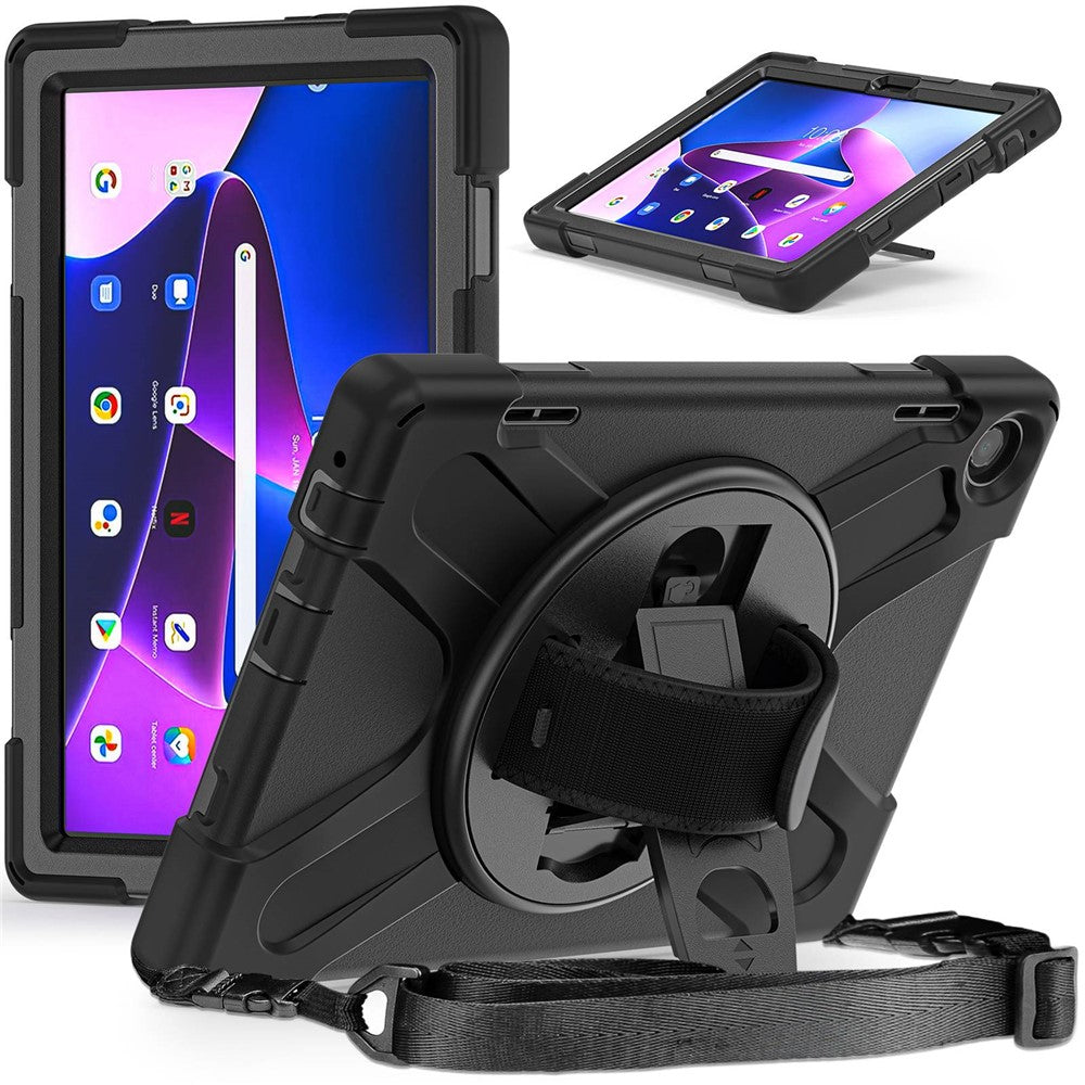 For Lenovo Tab M10 (Gen 3) TB-328FU / TB-328XU Rotary Hand Strap Kickstand Tablet Case PC + Silicone Shockproof Cover with Shoulder Strap - Black