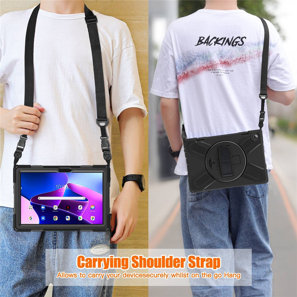 For Lenovo Tab M10 (Gen 3) TB-328FU / TB-328XU Rotary Hand Strap Kickstand Tablet Case PC + Silicone Shockproof Cover with Shoulder Strap - Black