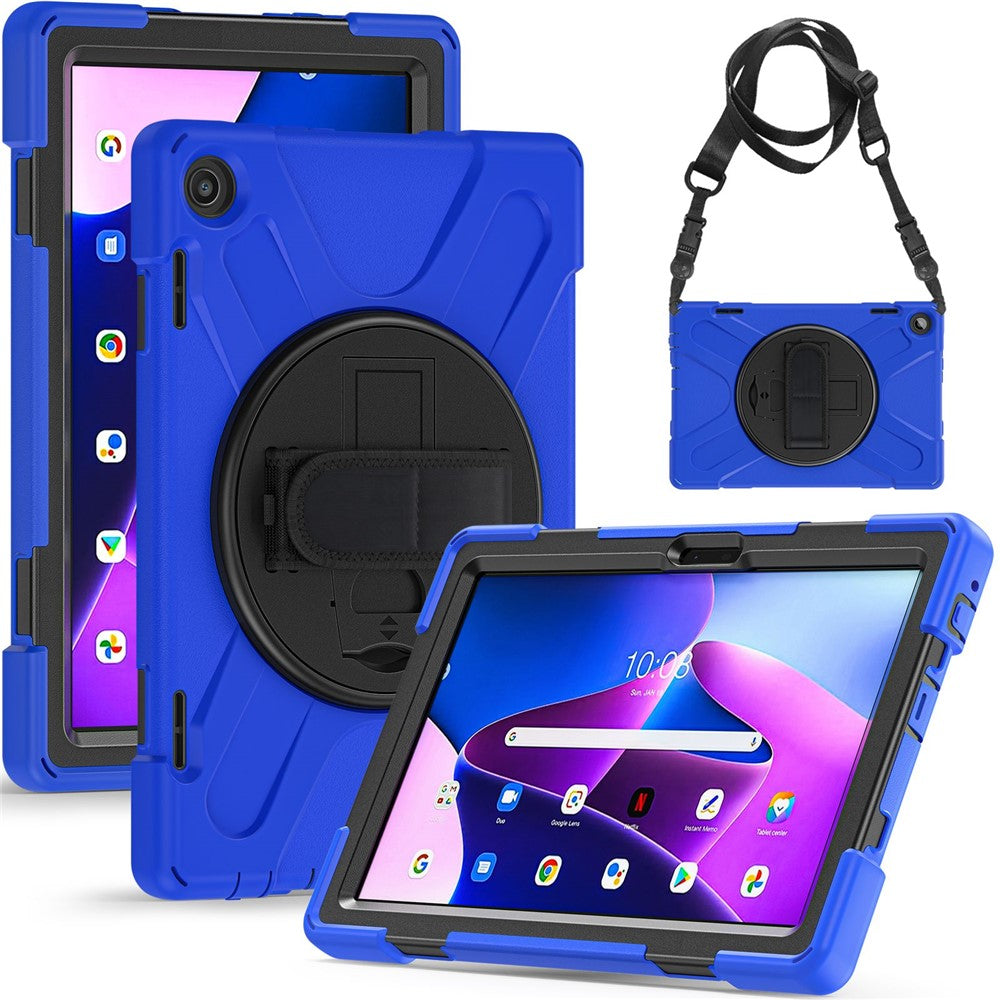 For Lenovo Tab M10 (Gen 3) TB-328FU / TB-328XU Rotary Hand Strap Kickstand Tablet Case PC + Silicone Shockproof Cover with Shoulder Strap - Blue