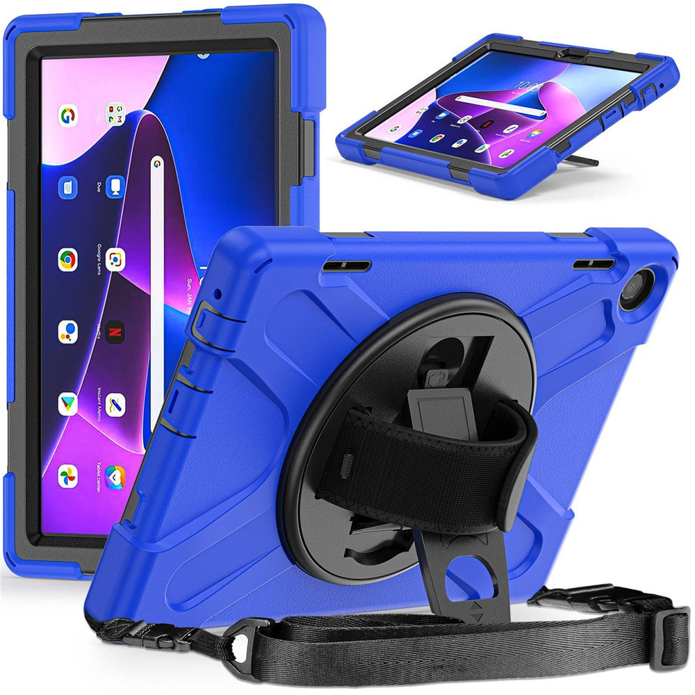 For Lenovo Tab M10 (Gen 3) TB-328FU / TB-328XU Rotary Hand Strap Kickstand Tablet Case PC + Silicone Shockproof Cover with Shoulder Strap - Blue