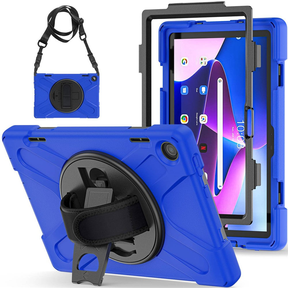 For Lenovo Tab M10 (Gen 3) TB-328FU / TB-328XU Rotary Hand Strap Kickstand Tablet Case PC + Silicone Shockproof Cover with Shoulder Strap - Blue