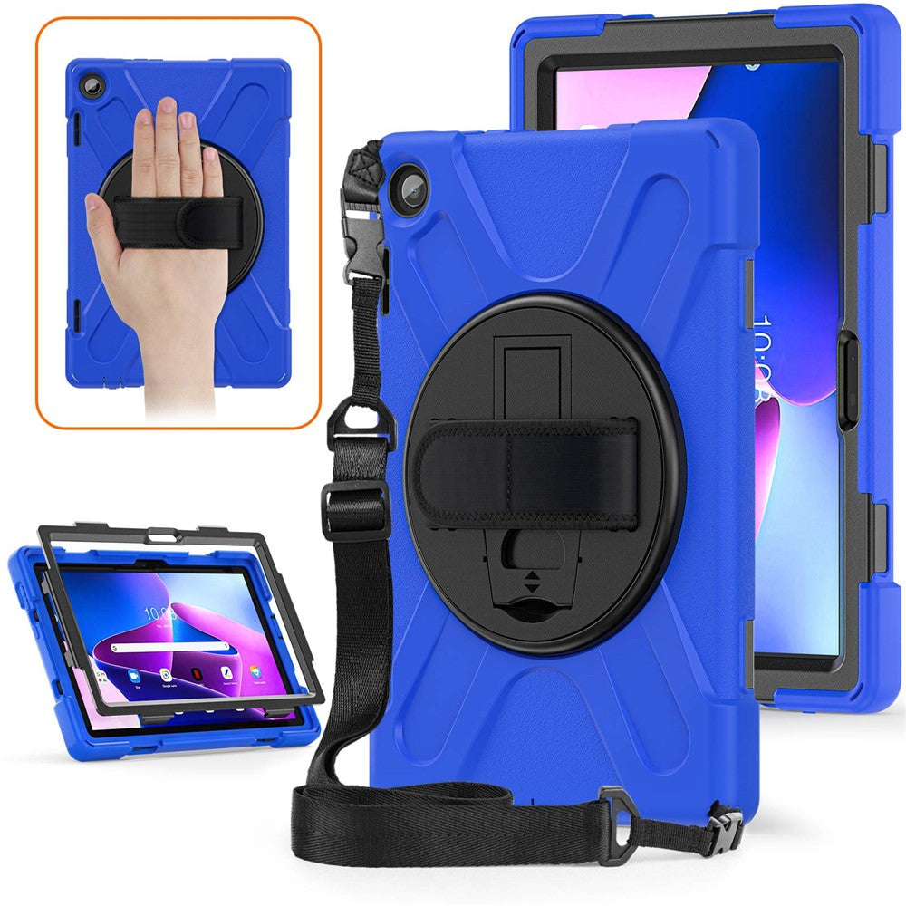 For Lenovo Tab M10 (Gen 3) TB-328FU / TB-328XU Rotary Hand Strap Kickstand Tablet Case PC + Silicone Shockproof Cover with Shoulder Strap - Blue