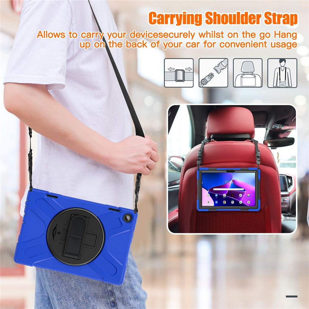 For Lenovo Tab M10 (Gen 3) TB-328FU / TB-328XU Rotary Hand Strap Kickstand Tablet Case PC + Silicone Shockproof Cover with Shoulder Strap - Blue