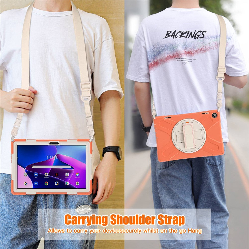 For Lenovo Tab M10 (Gen 3) TB-328FU / TB-328XU Rotary Hand Strap Kickstand Tablet Case PC + Silicone Shockproof Cover with Shoulder Strap - Orange