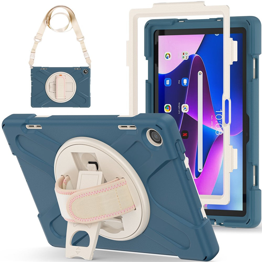 For Lenovo Tab M10 (Gen 3) TB-328FU / TB-328XU Rotary Hand Strap Kickstand Tablet Case PC + Silicone Shockproof Cover with Shoulder Strap - Cornflower Blue