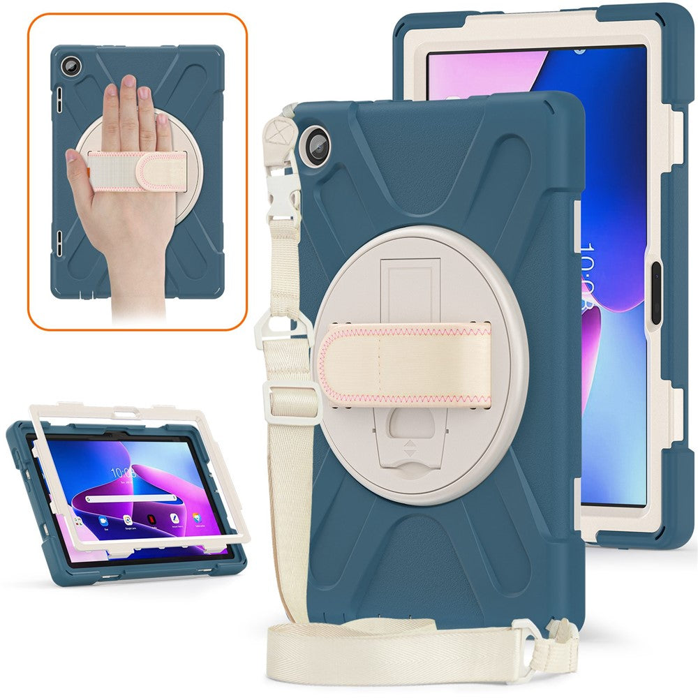 For Lenovo Tab M10 (Gen 3) TB-328FU / TB-328XU Rotary Hand Strap Kickstand Tablet Case PC + Silicone Shockproof Cover with Shoulder Strap - Cornflower Blue