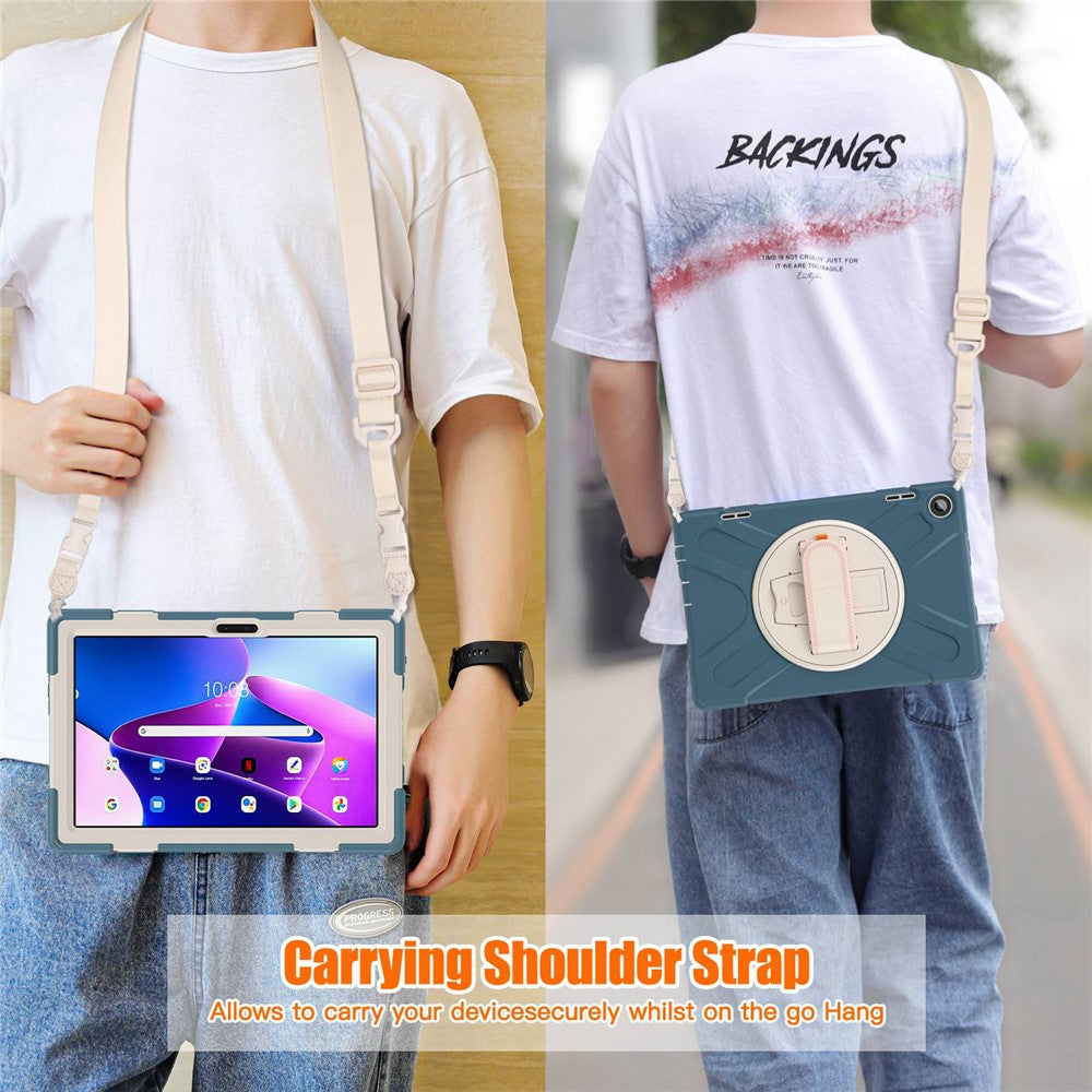 For Lenovo Tab M10 (Gen 3) TB-328FU / TB-328XU Rotary Hand Strap Kickstand Tablet Case PC + Silicone Shockproof Cover with Shoulder Strap - Cornflower Blue