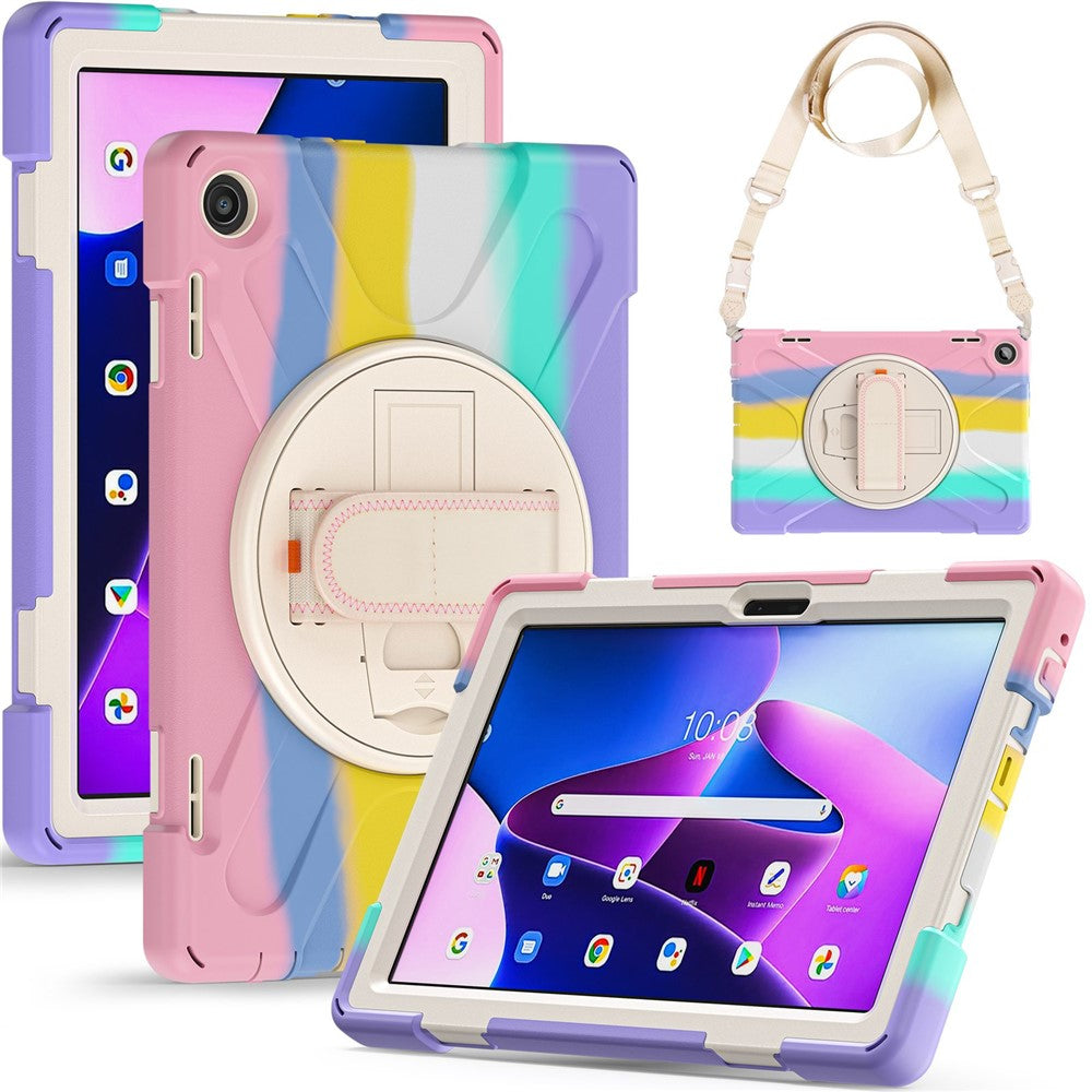 For Lenovo Tab M10 (Gen 3) TB-328FU / TB-328XU Rotary Hand Strap Kickstand Tablet Case PC + Silicone Shockproof Cover with Shoulder Strap - Colorful Pink