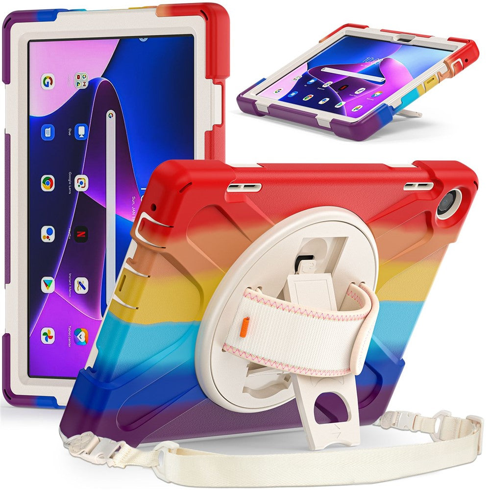 For Lenovo Tab M10 (Gen 3) TB-328FU / TB-328XU Rotary Hand Strap Kickstand Tablet Case PC + Silicone Shockproof Cover with Shoulder Strap - Colorful Red