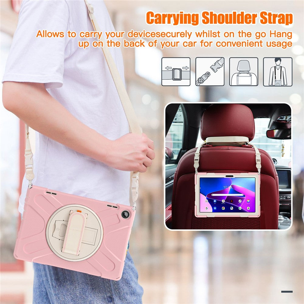 For Lenovo Tab M10 (Gen 3) TB-328FU / TB-328XU Rotary Hand Strap Kickstand Tablet Case PC + Silicone Shockproof Cover with Shoulder Strap - Cherry Blossom Pink