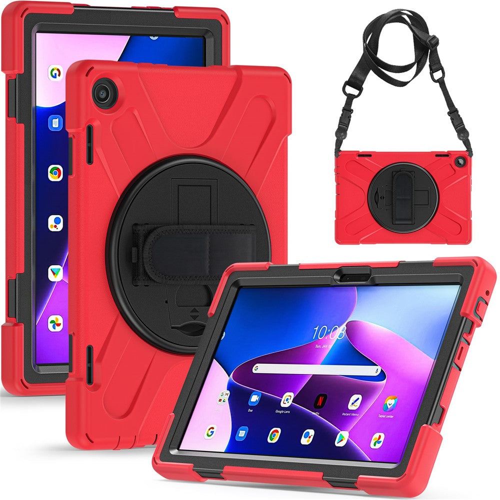 For Lenovo Tab M10 (Gen 3) TB-328FU / TB-328XU Rotary Hand Strap Kickstand Tablet Case PC + Silicone Shockproof Cover with Shoulder Strap - Red