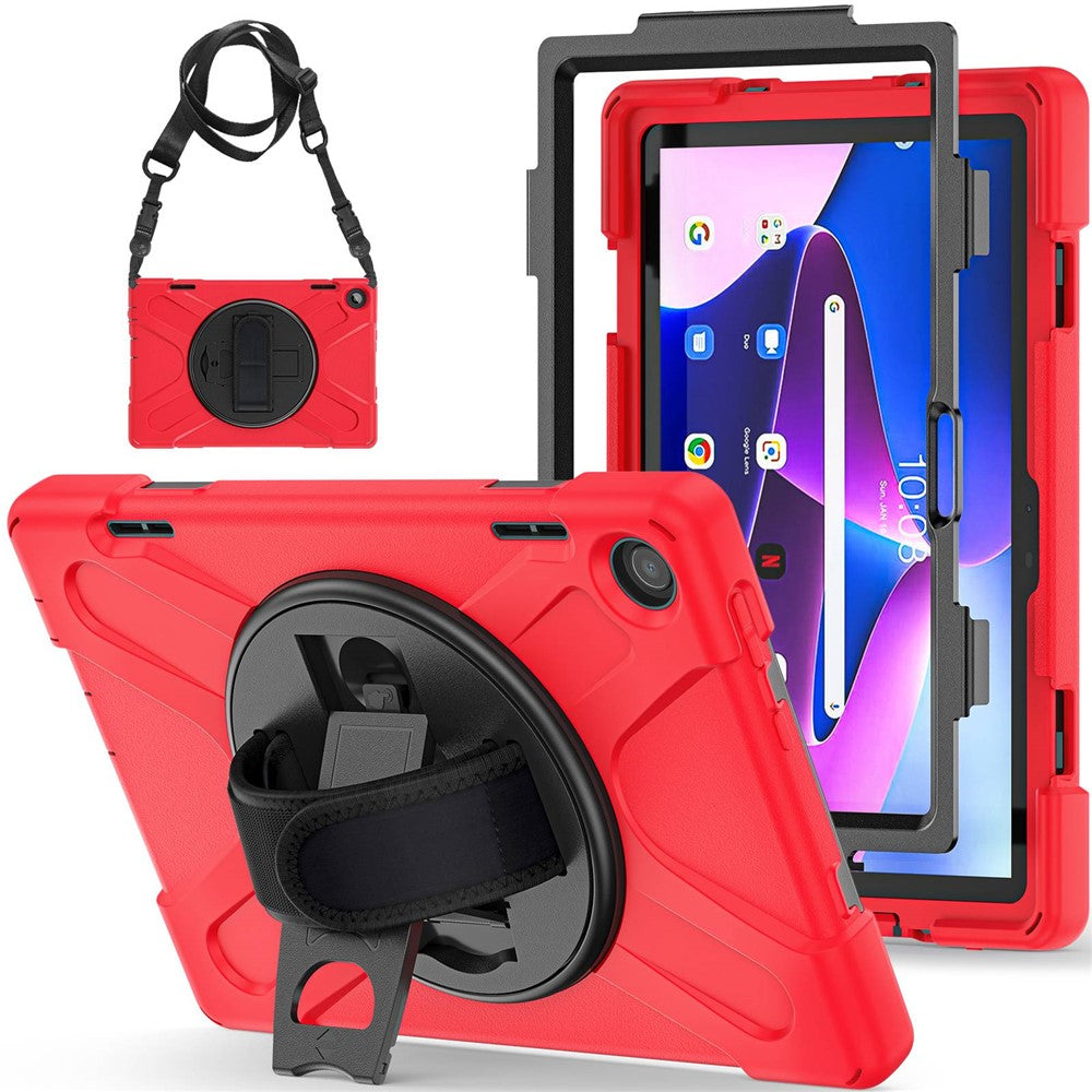 For Lenovo Tab M10 (Gen 3) TB-328FU / TB-328XU Rotary Hand Strap Kickstand Tablet Case PC + Silicone Shockproof Cover with Shoulder Strap - Red