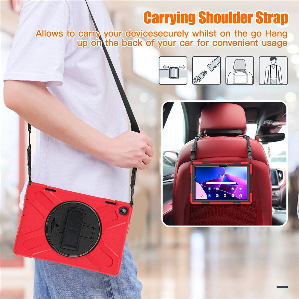 For Lenovo Tab M10 (Gen 3) TB-328FU / TB-328XU Rotary Hand Strap Kickstand Tablet Case PC + Silicone Shockproof Cover with Shoulder Strap - Red